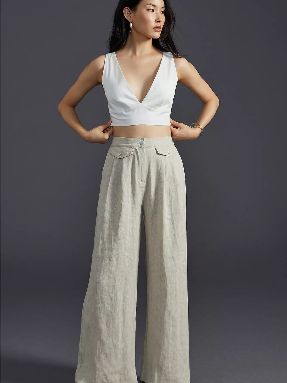 Wide-Leg High-Rise Linen-Blend Pants in Light Beige